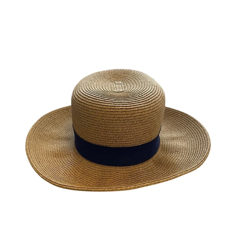 Cappelli Straworld Tan Straw Wide Brim Sun Hat Navy Blue Ribbon Bow One Size